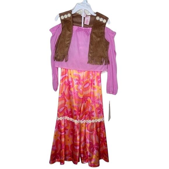Girls S 5-6 Hippie Costume w/ Shirt Vest Pants Belt Wig & Headband NEW with Tags - Picture 1 of 5